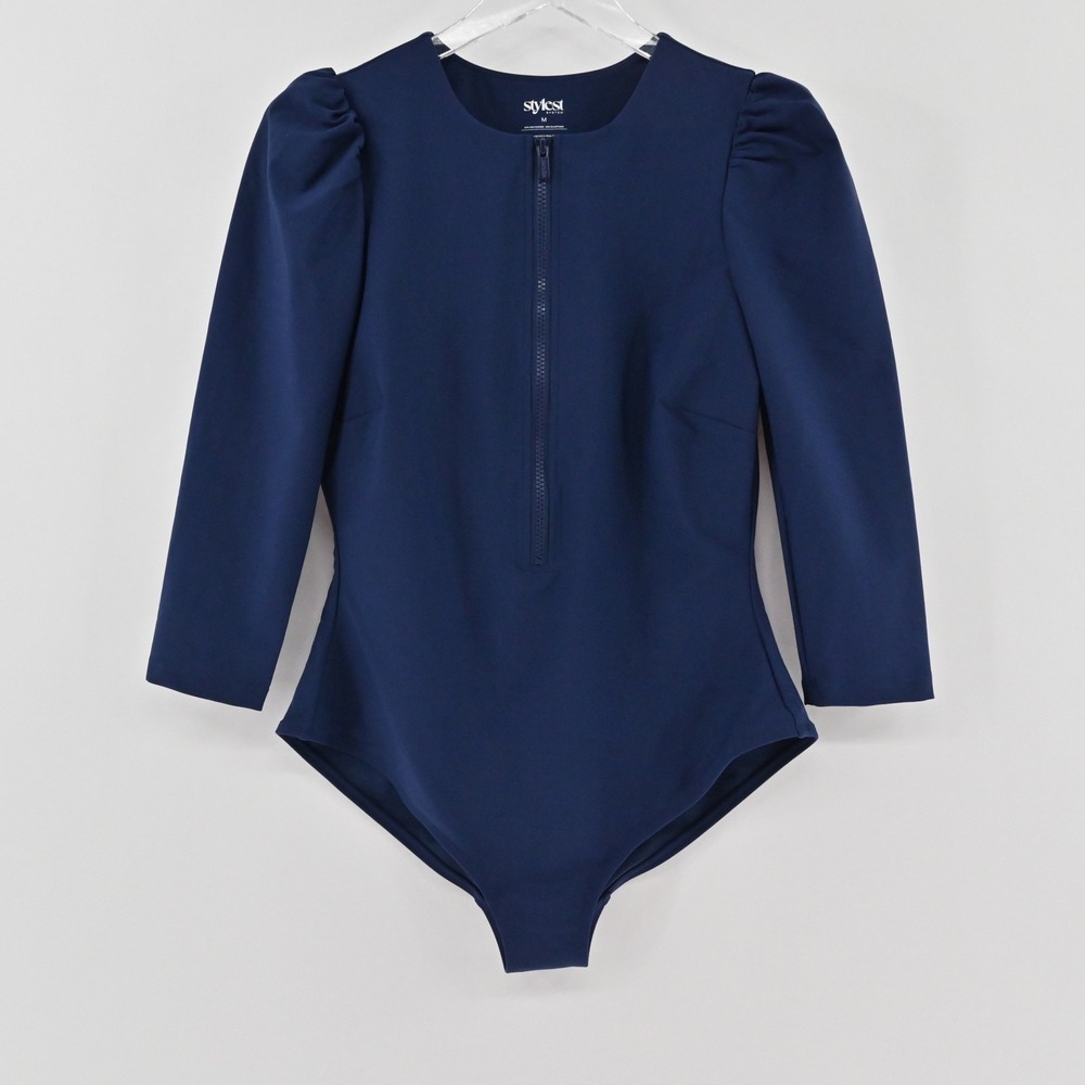 Stylest System Aqualuxe Puff Sleeve Swimsuit Womens Size M Navy Zip Rash Guard